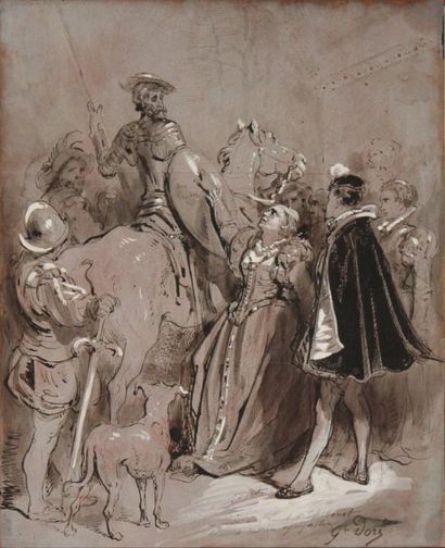 DORE Gustave (1832-1883) "Don Quichotte", Encre et rehauts de gouache sur bois, signé...