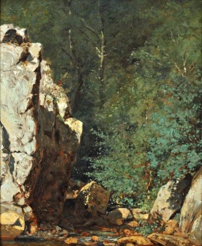NOEL Jules (1815-1881) " Le torrent, les rochers" Huile sur carton fort, signée en...