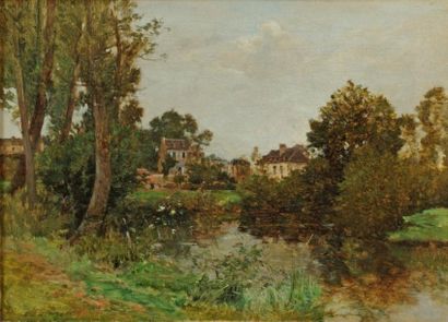 LEVIS Maurice (1860-1940) "Village près de l'étang", Huile sur toile, signé et daté...