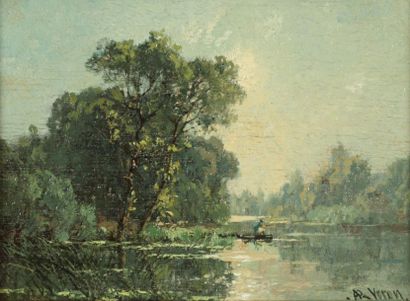 VERON Alexandre René (1826-1897) "Paysage de Fontainebleau", Huile sur panneau, signé...