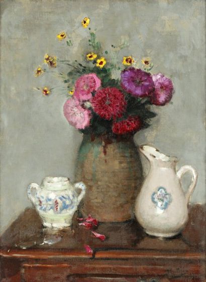 MONTEZIN Pierre Eugène (1874-1946) " Nature avec vase et pichet" huile sur toile,...