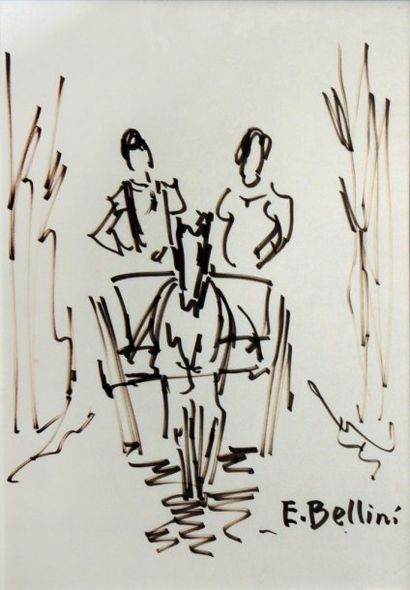 BELLINI Emmanuel (1904-1989) "La cariole", Dessin au feutre, signé en bas à droite,...