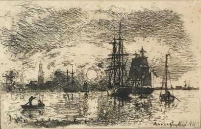 null Johan-Barthold JONDKING (1819-18891)
"Soleil couchant, port d'anvers, 1868"
Eau-forte...