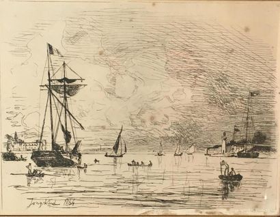 null Johan-Barthold JONDKING (1819-18891)
"Soleil couchant, port d'anvers, 1868"
Eau-forte...