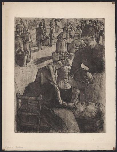 null Camille PISSARRO (1830-1903) "Marché de Pontoise" aquatinte. 25.5 x 20.5 cm