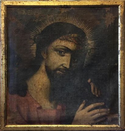 null ECOLE FRANCAISE du XIXe "Visage du Christ" huile sur toile. 50 x 48 cm. Manques...