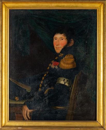 null ECOLE FRANCAISE DU XVIIIe "Portrait d'homme au brassard fleurdelysé" Huile sur...