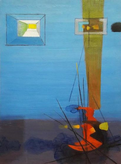 null Sigismond KOLOZSVARY (1899-1983) "Composition sur fond bleu" Huile sur toile...