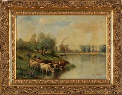 null René TENER (1846-1925) "L'Oise, le matin" Huile sur toile signée en bas à droite...