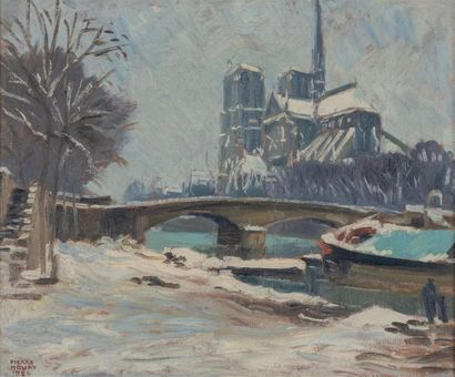 null PIERRE NOURY (1894-19..) " Notre-Dame et les quais sous la neige ". Huile sur...