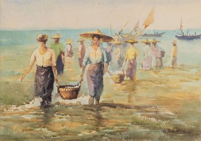 null TIN AUNG HTAIK (1943) " Les pêcheurs" Aquarelle signée en bas à droite. 45 x...