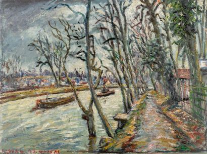 null Fernand LAVAL (1886-1966) "Peniche et remorqueur sur l'Oise" huile sur toile,...