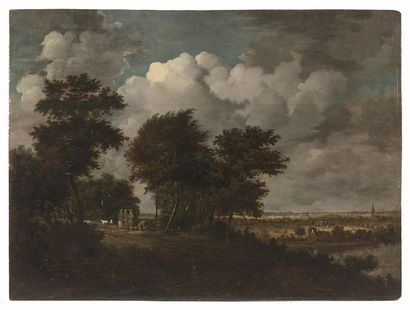 null Philips KONINCK
(Amsterdam 1619 - 1688)
Paysage aux personnages et moutons dans...