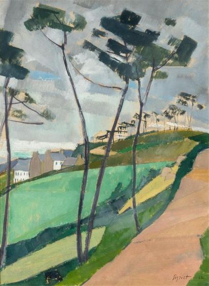 null Edmond SIGRIST (1882-1947) "Les pins" gouache signée. 41,5 x 30 cm.