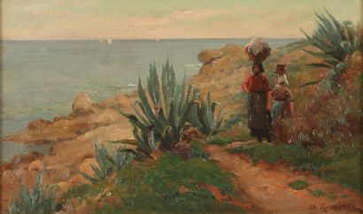 ROUVIERE Charles (1866-1924) «Le retour des lavandières» Huile sur toile, signée...