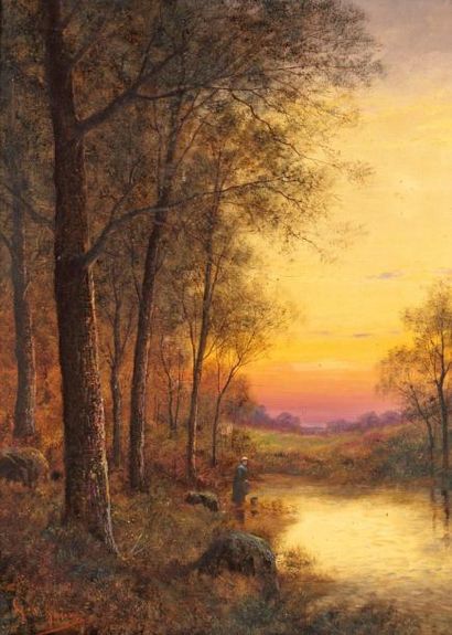 GODCHAUX Emile (1860-1938) «Femme au bord de la rivière» Huile sur toile, signée...
