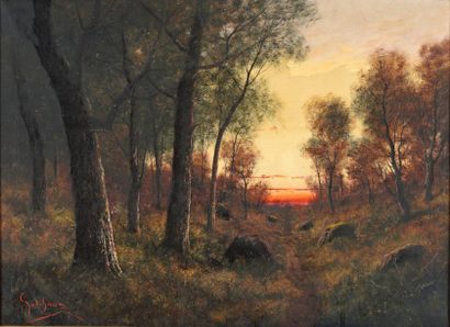 GODCHAUX Emile (1860-1938) «Sentier au soleil couchant» Huile sur toile, signée en...