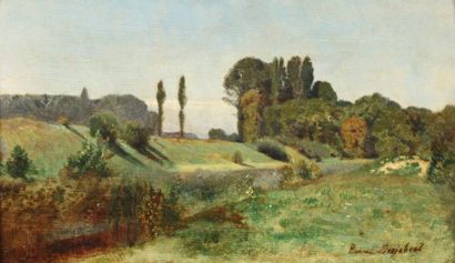 DESJOBERT Eugène (1817-1863) «Prairie en avant du bois» Huile sur papier marouflé...
