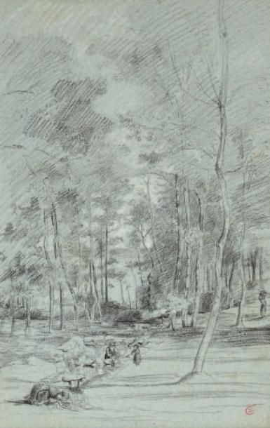 HUET Paul (1803-1869) «Clairière en sous bois» Fusain sur papier bleu, signé du cachet...