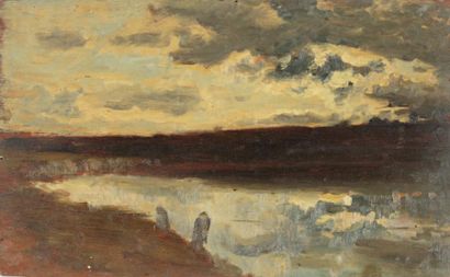 HUET Paul (1803-1869) «Soleil couchant à Seine-Port, première esquisse» Huile sur...