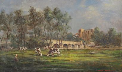 JACQUE Maurice (1877-XXe siècle) «Vaches près d'un pont» Huile sur toile, signée...
