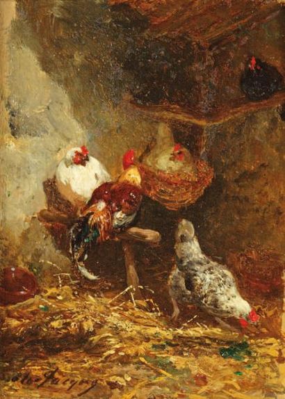 JACQUE Charles (1813-1894) «Poules et coq» Huile sur panneau, signée en bas à gauche....