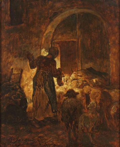 JACQUE Charles (1813-1894) «La bergerie» Huile sur toile, signée en bas à gauche...