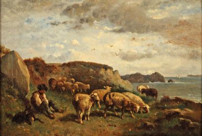 BRISSOT DE WARVILLE Félix Saturnin (1818-1892) «Moutons au pâturage en bord de mer»...