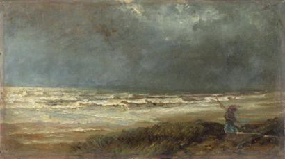 HUET Paul (1803-1869) «Marée montant aux dunes de Houlgate» Huile sur toile signée...