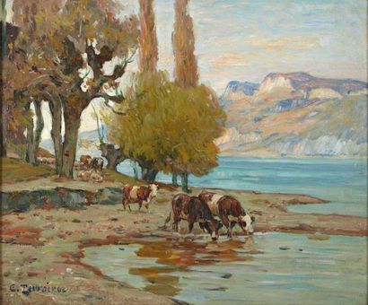 TERRAIRE Clovis (1858-1931) «Troupeau près du lac» Huile sur toile, signée en bas...