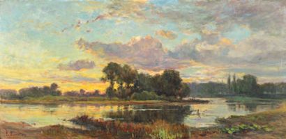 QUINTON Edmond (1892-1969) «L'étang au soleil couchant» Huile sur isorel, signée...