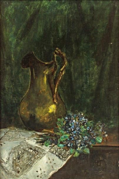 CAUCHOIS Eugène (1850-1911) «Nature morte au cuivre» Huile sur toile, signée en bas...