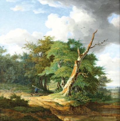 COIGNET Jules (1798-1860) «Bûcherons en forêt» Huile sur toile, signée en bas à droite....