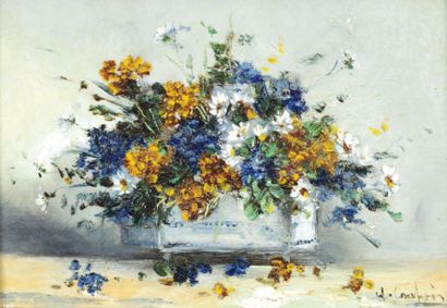 CAUCHOIS Eugène Henri (1850-1911) «La jardinière fleurie» Huile sur panneau, signée...