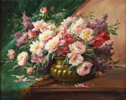 COPPENOLLE Edmond Van (1846-1914) «Roses et lilas» Huile sur toile, signée en bas...
