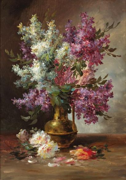 GODCHAUX Emile (1860-XXe) «Bouquet de lilas» Huile sur toile, signée en bas à droite....