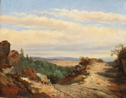 COIGNET Jules (1798-1860) «La plaine de Chailly à Barbizon» Huile sur papier tendu...