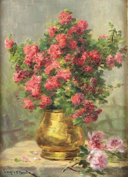 CLAUDE Eugène (1841-1922) «Bouquet de lilas» Huile sur panneau, signée en bas à gauche....
