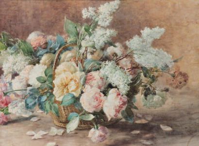 BIVA Henri (1848-1928) «Roses et lilas» Aquarelle, signée en bas à droite, traces...