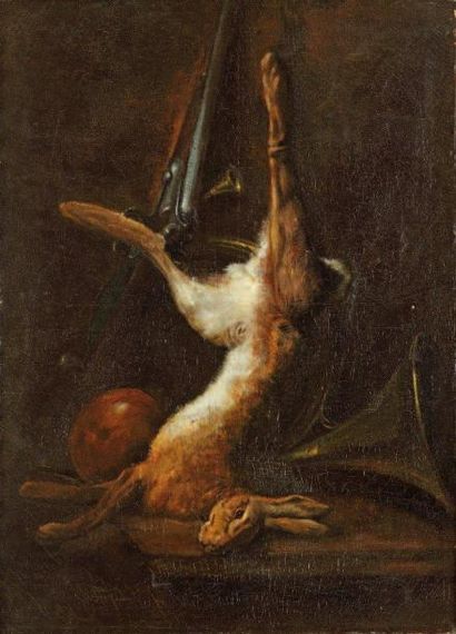 Ecole française du XIXe siècle «Nature morte au lièvre» Huile sur toile. 100 x 73...
