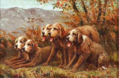 LACROIX Tristan (1849-1914) «Chien de chasse au relais» Huile sur toile, signée en...