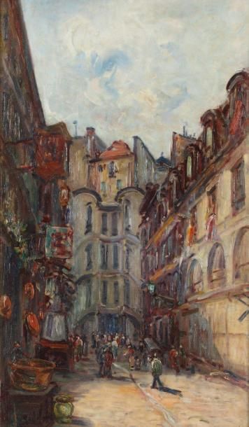 MADELAIN Gustave (1867-1944) «Scène de rue animée» Huile sur toile, signée en bas...