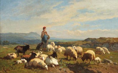 ROBBI «Bergère et ses moutons» Huile sur toile, signée en bas à gauche, cachet de...