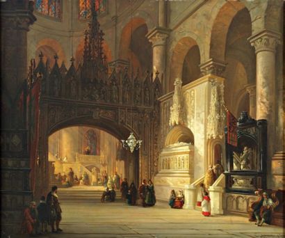 GENNISSON Georges Paul (1835-1896) «Interieur d'église» Huile sur panneau, signée...