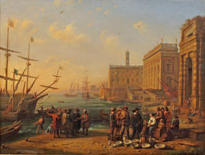 RICOIS François-Edme (1795-1881) «Port italien» Huile sur toile, signée en bas à...