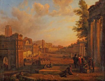 RICOIS François-Edme (1795-1881) «Vue des ruines de Rome» Huile sur toile, signée...