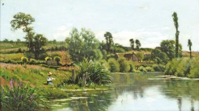 SAUZAY Adrien Jacques (1841-1928) «Pêcheur au bord de la rivière» Huile sur panneau,...