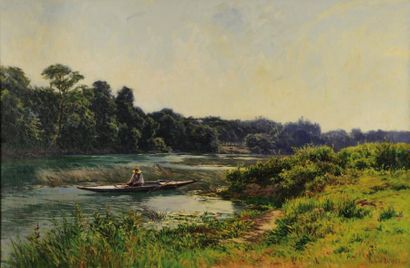 MATHIEU Gabriel (1843-1921) «Les bords de Marne, Parc de St Maur» Huile sur toile,...