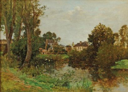 LEVIS Maurice (1860-1940) «Village près de l'étang» Huile sur toile, signée et datée...