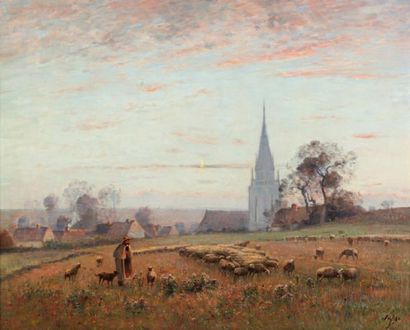 JAPY Louis Aimé (1840-1916) «Le troupeau dans les brumes du matin» Huile sur toile,...